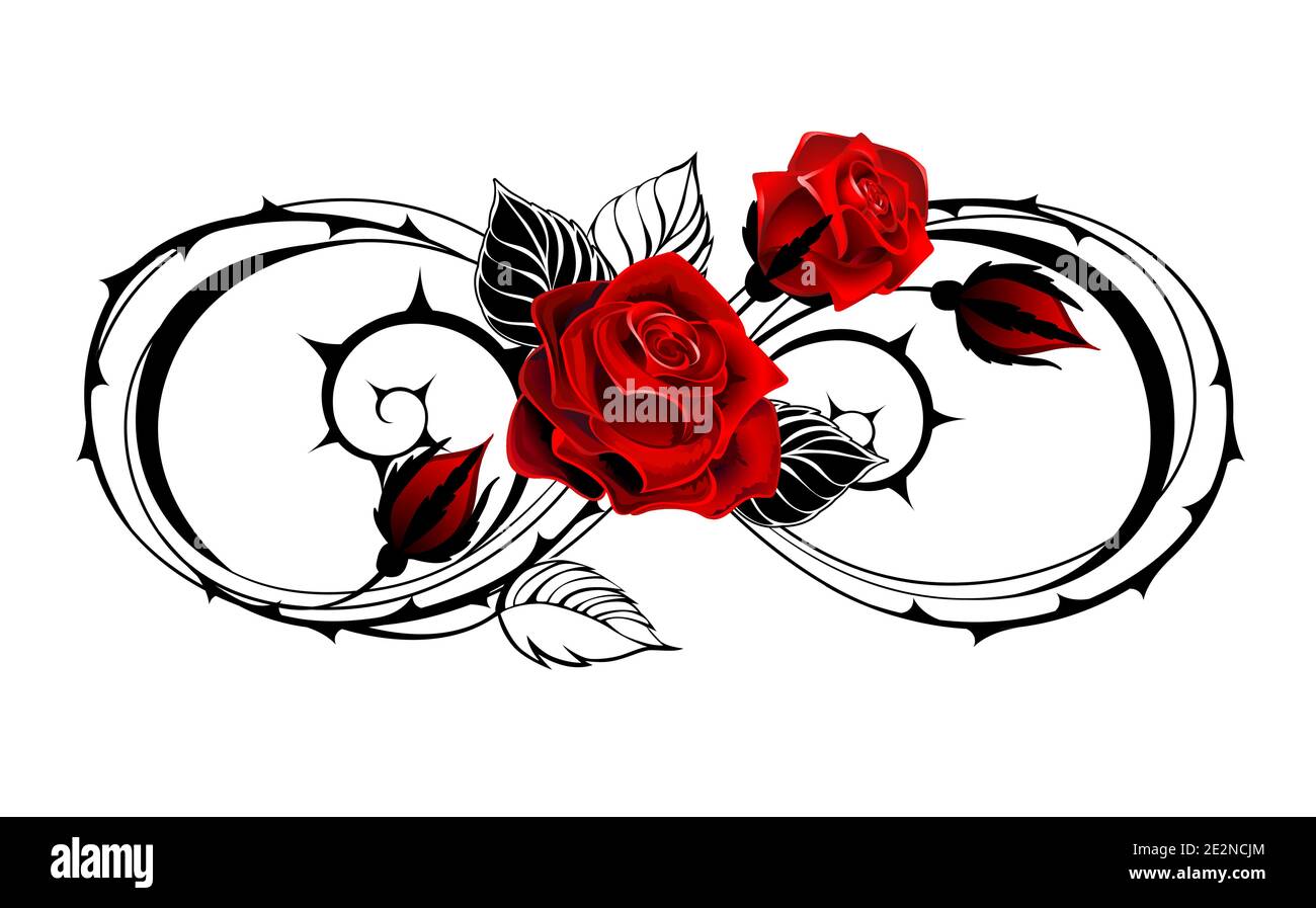 Contour symbol of infinity from thorny stems, with red blooming roses on white background. Gothic style. Stock Vector