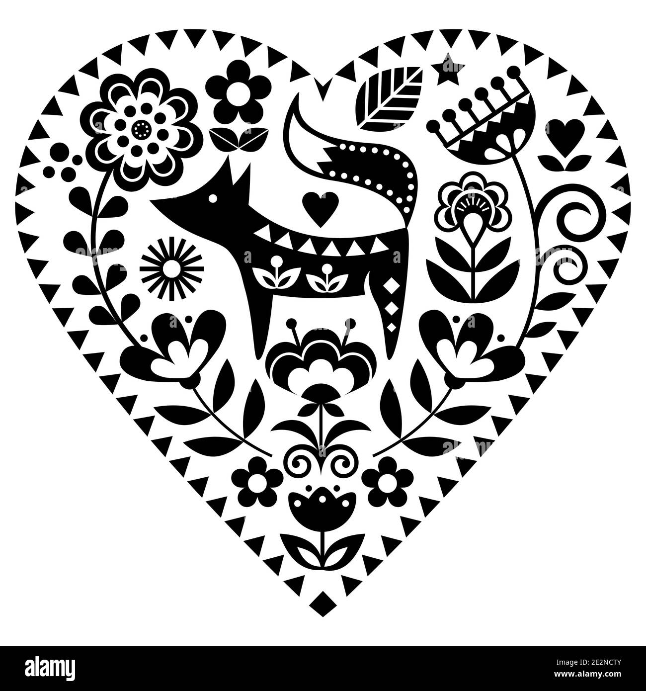 Scandinavian heart shape folk art vector pattern with flowers and fox, monochrome Valentine's Day floral greeting card or wedding invitation - love, r Stock Vector