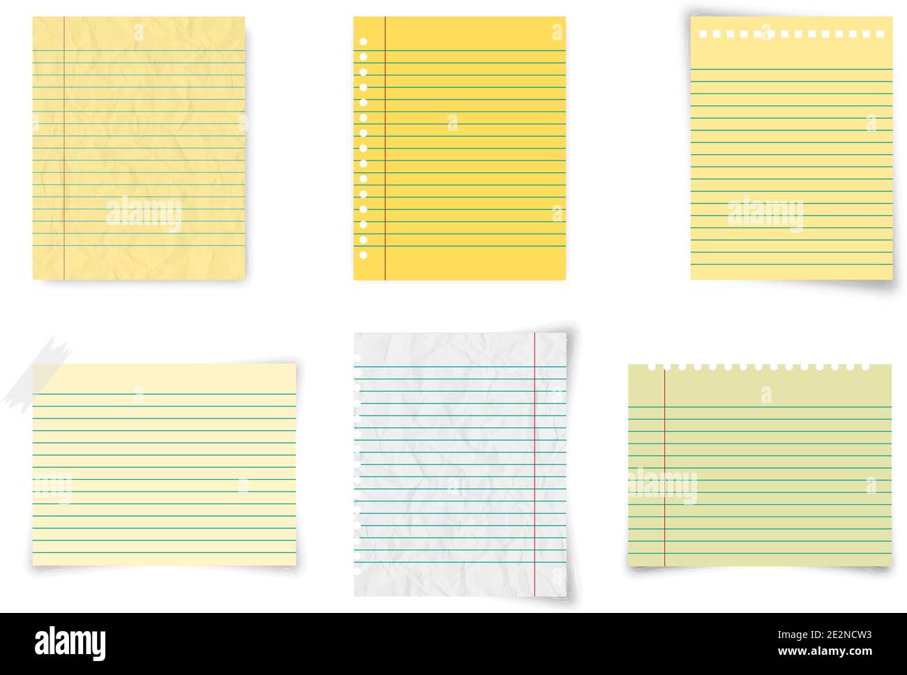 Set paper, lined paper and notebook paper on blank background Stock