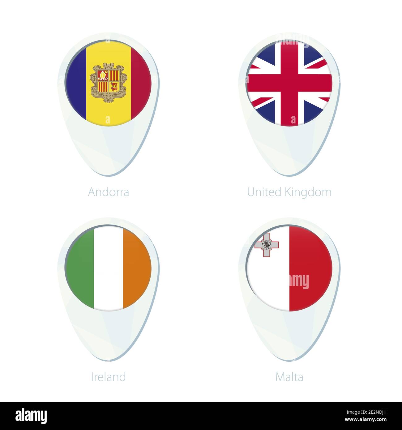 Andorra, United Kingdom, Ireland, Malta flag location map pin icon. Andorra Flag, United Kingdom Flag, Ireland Flag, Malta Flag. Vector Illustration. Stock Vector