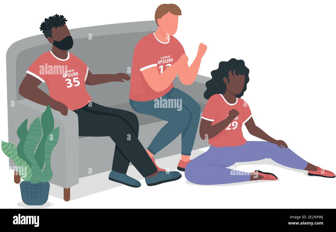 Sport fan friends on couch flat color vector faceless characters Stock