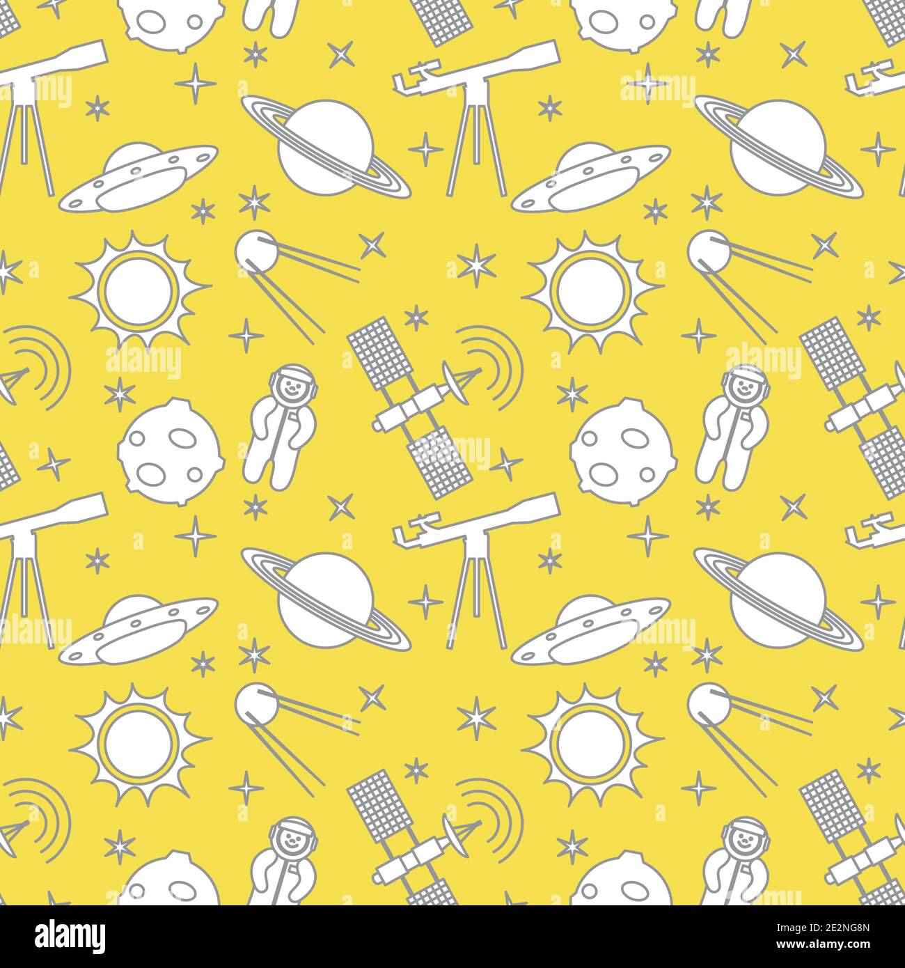 Seamless pattern with telescope, UFO, satellite, planets, astronaut ...