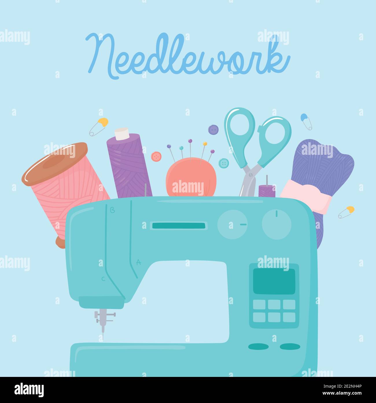 sewing machine spools of thread scissors pins and wool ball vector