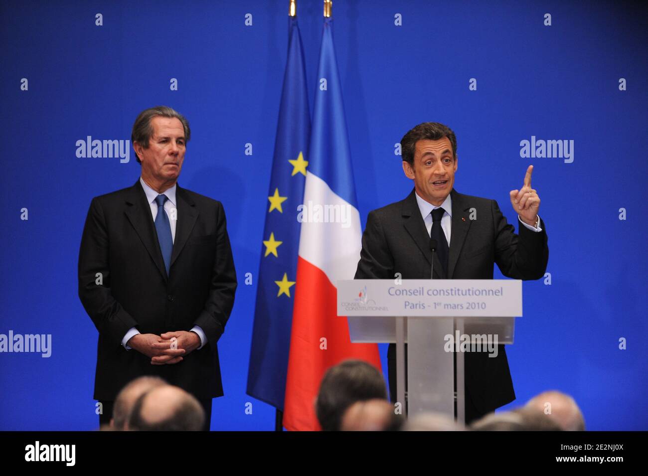 French President Nicolas Sarkozy delivers a speech next to the President of the Constitutional Council Jean-Louis Debre at the Constitutional Council in Paris, France on March 1, 2010. Photo by Nicolas Gouhier/ABACAPRESS.COM Stock Photo