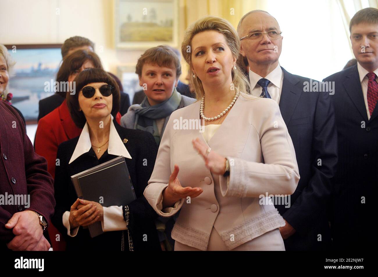 Russia's First Lady Svetlana Medvedeva flanked by French singer Mireille Mathieu visits the Exhibition 'Une Fenetre Sur La Russie' at the Russian Culture and Science Center in Paris, France on March 2, 2010. Photo by Giancarlo Gorassini/ABACAPRESS.COM Stock Photo