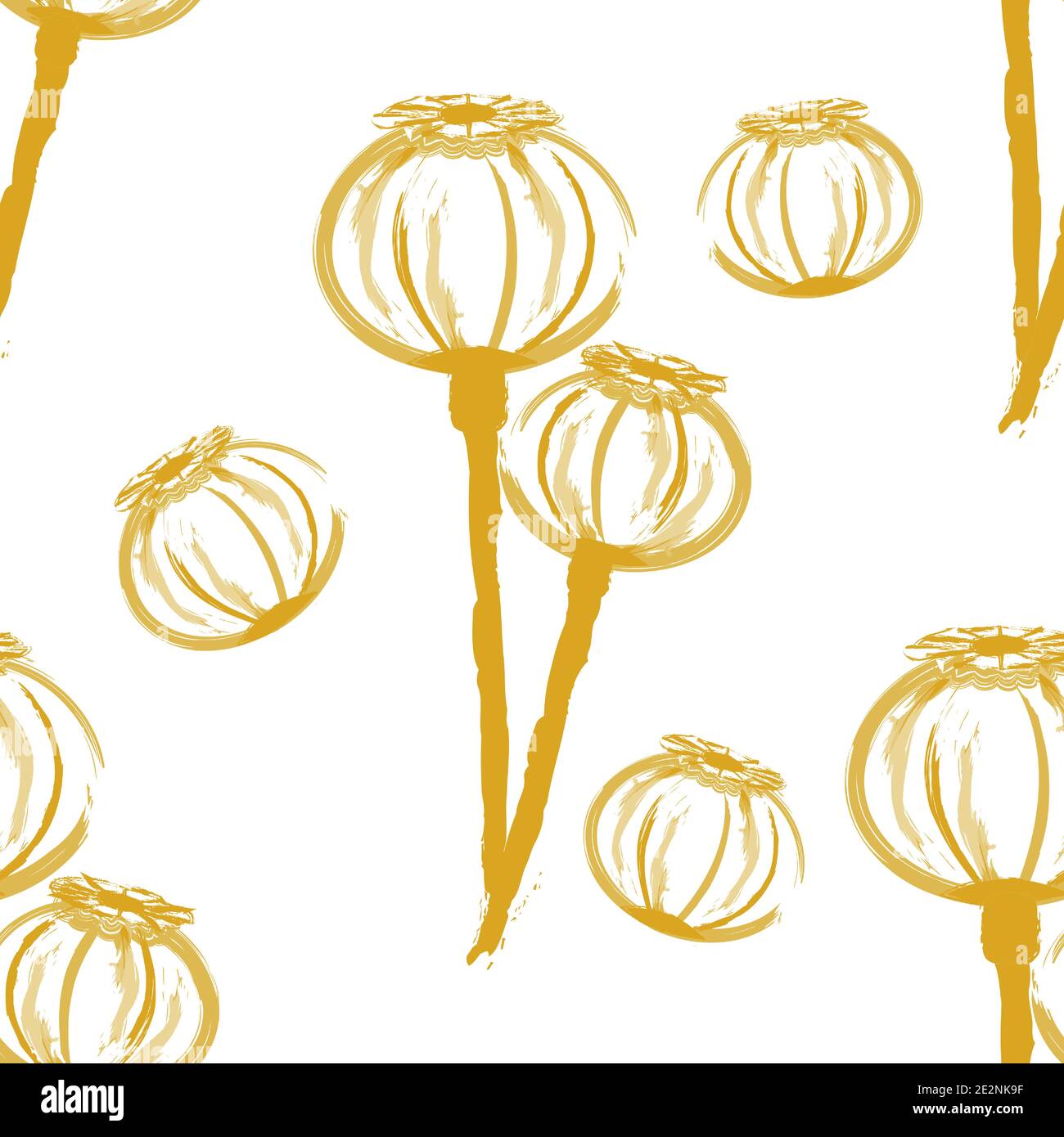 Dry poppy bolls seamless pattern. Drawing of poppy heads of golden color on a white background.Watercolor vegetable pattern for design of fabric, back Stock Vector