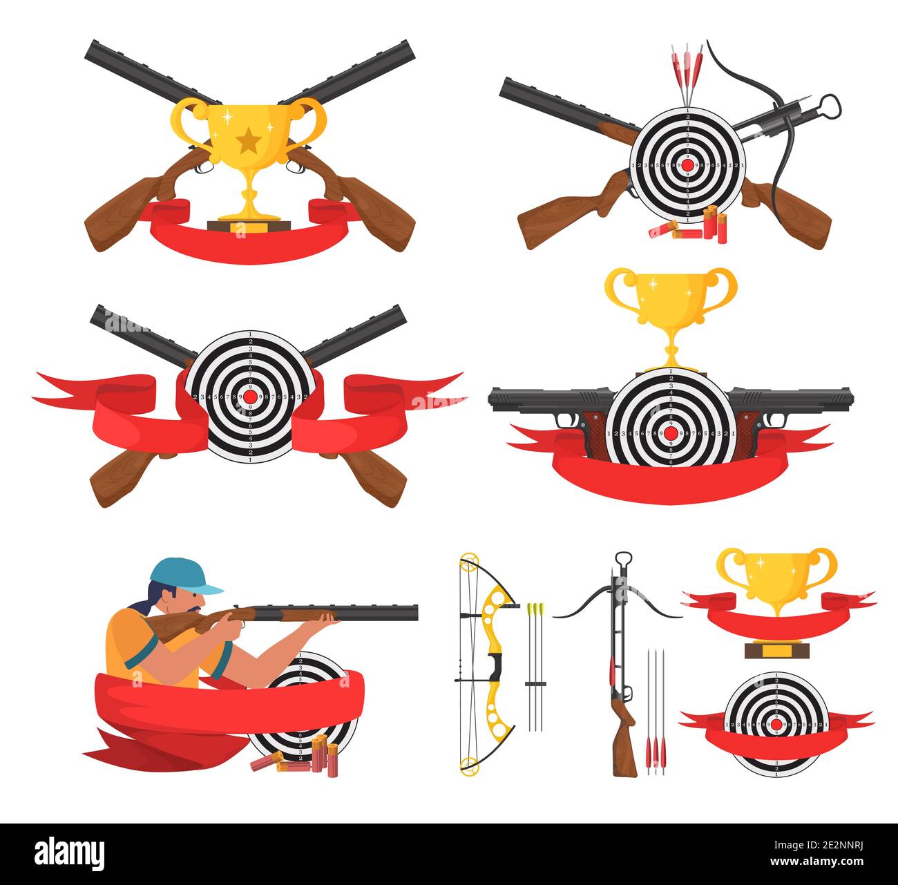 Shooting and archery club logo, label, emblem set, flat vector isolated
