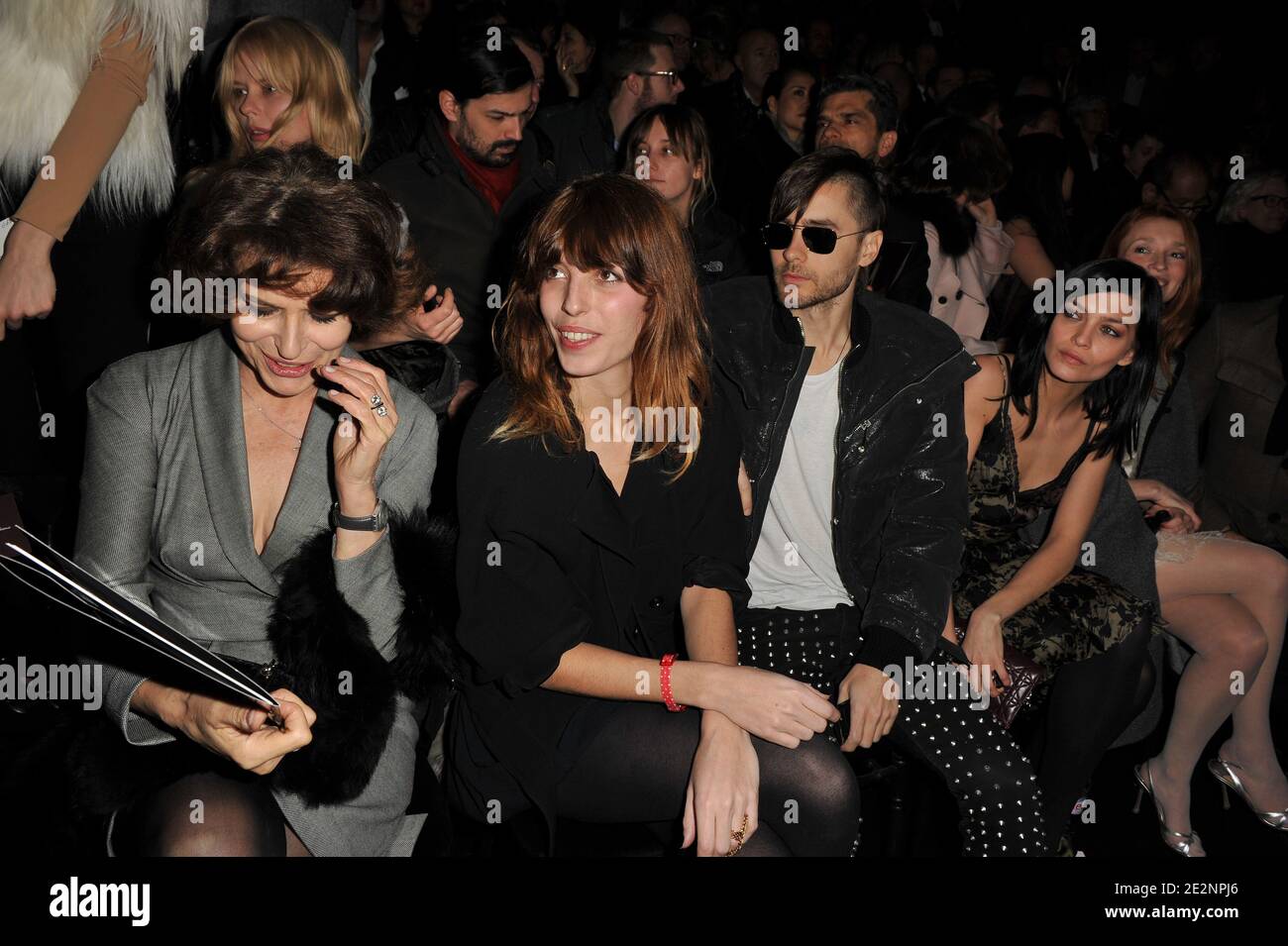 (L-R) Fanny Ardant, Lou Doillon, Jared Leto and Leigh Lezard front row for the Dior Fall-Winter 2010/2011 Ready-to-Wear fashion show held at the Tuileries in Paris, France on March 5, 2010. Photo by Briquet-Nebinger-Guibbaud-Orban/ABACAPRESS.COM Stock Photo