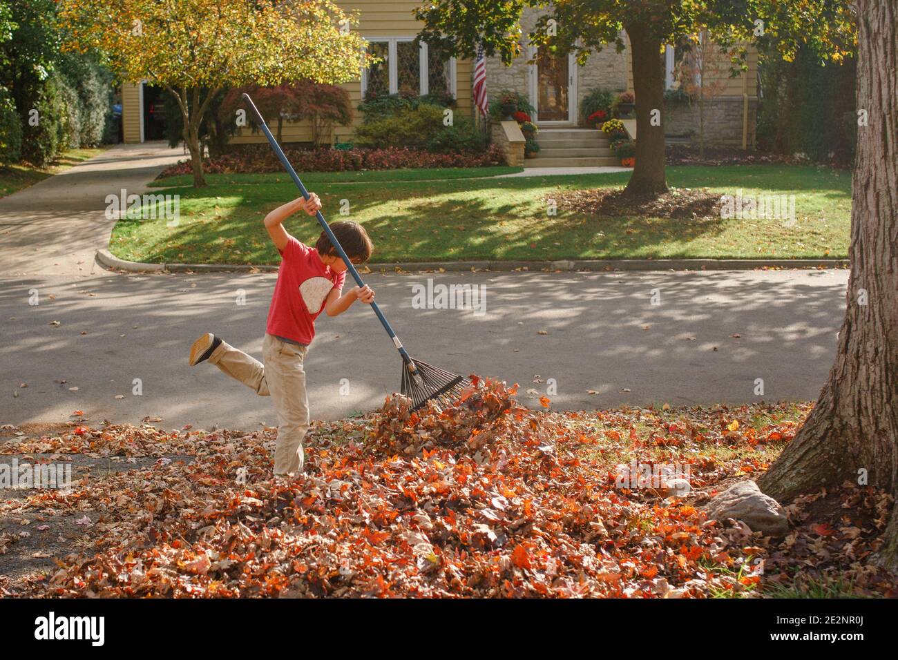Boy rake leaves alone hi-res stock photography and images - Alamy