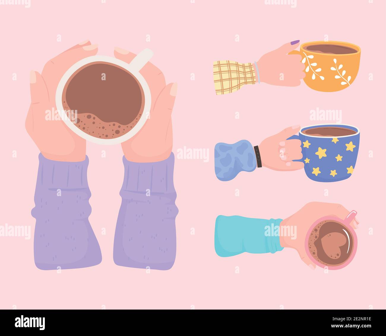 set of hands with coffee cups, fresh hot beverage vector illustration ...