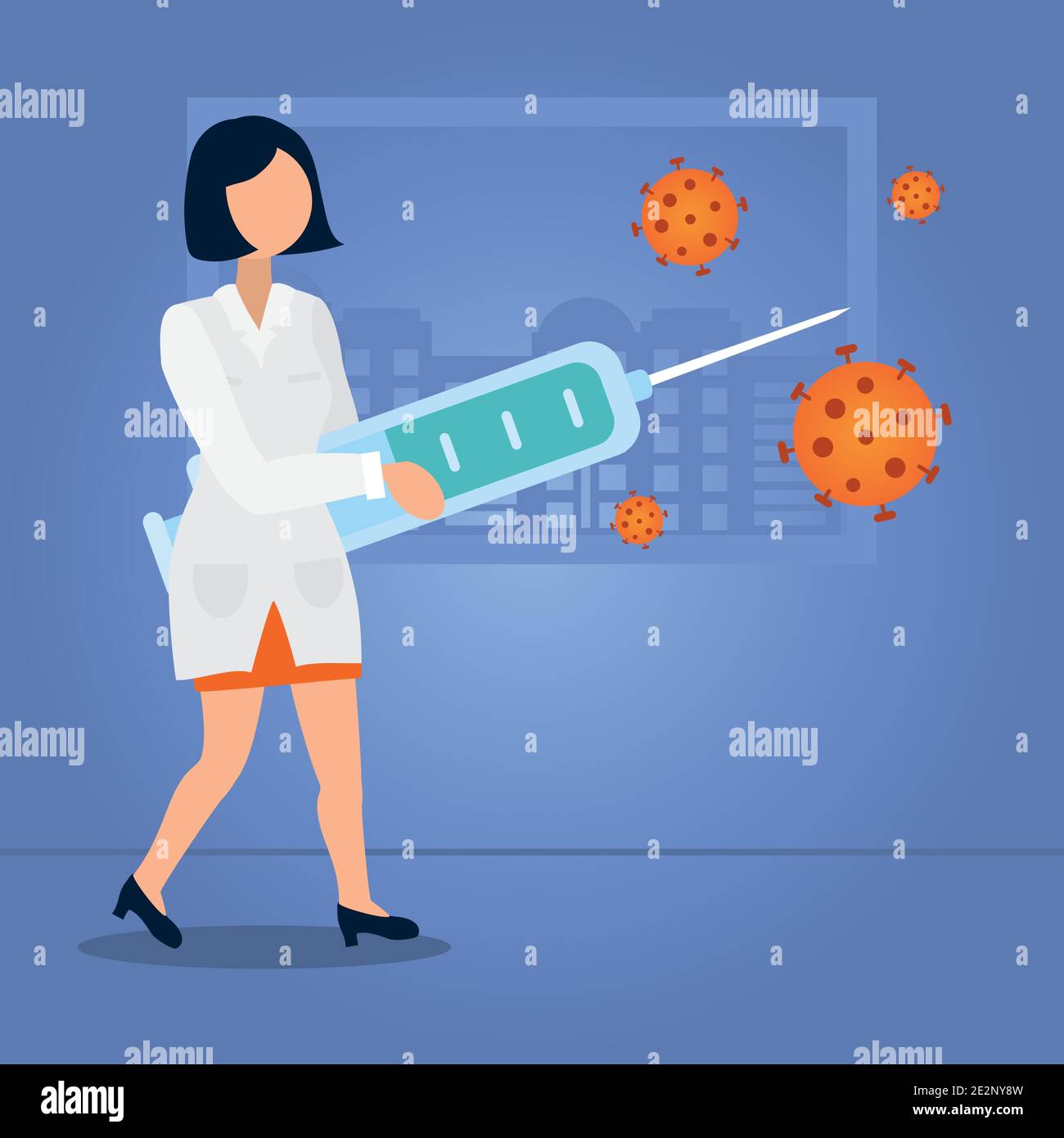 cartoon woman holding a syringe defending against the covid virus ...