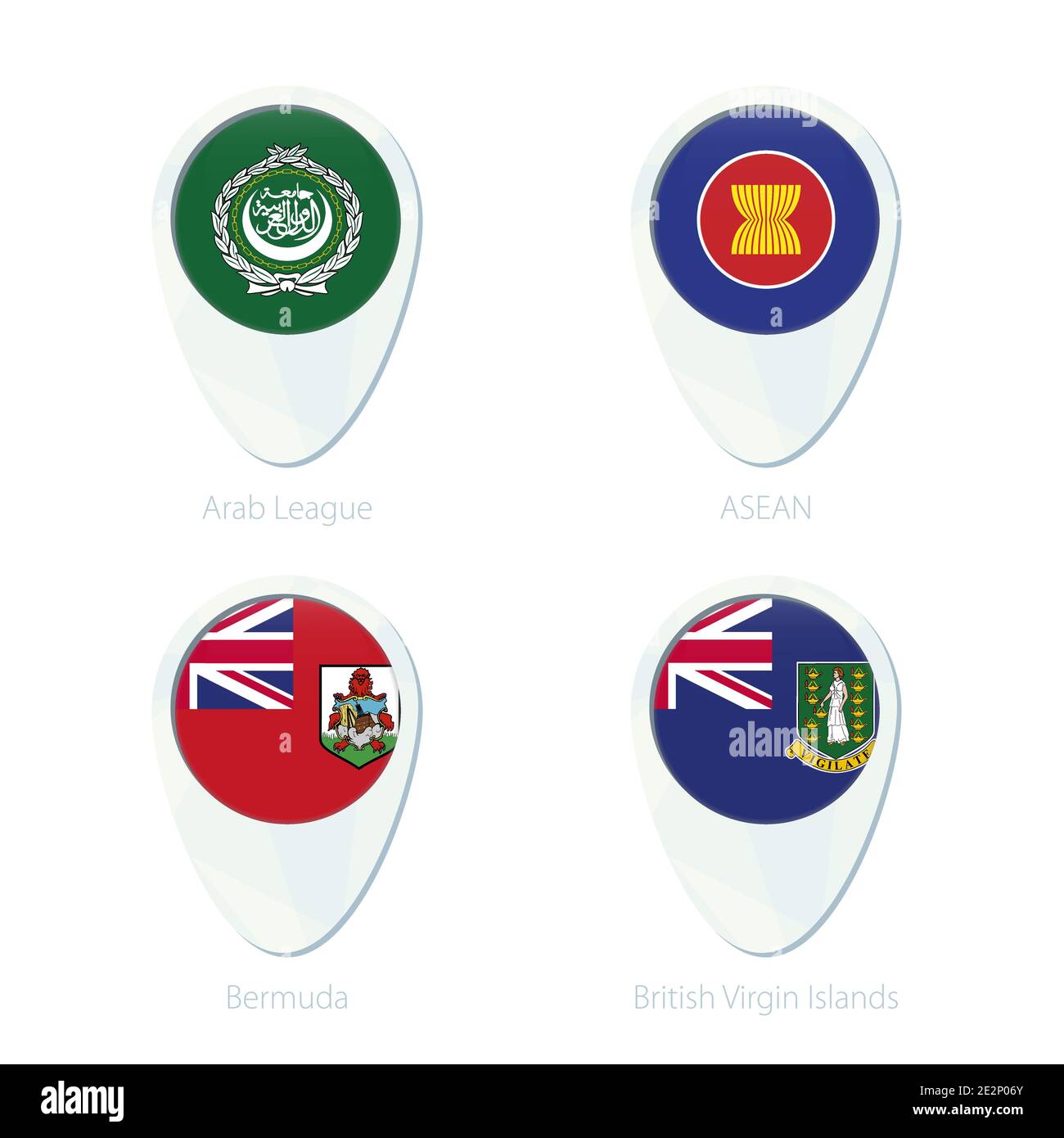 Arab League, ASEAN, Bermuda, British Virgin Islands flag location map pin icon. Arab League Flag, ASEAN Flag, Bermuda Flag, British Virgin Islands Fla Stock Vector