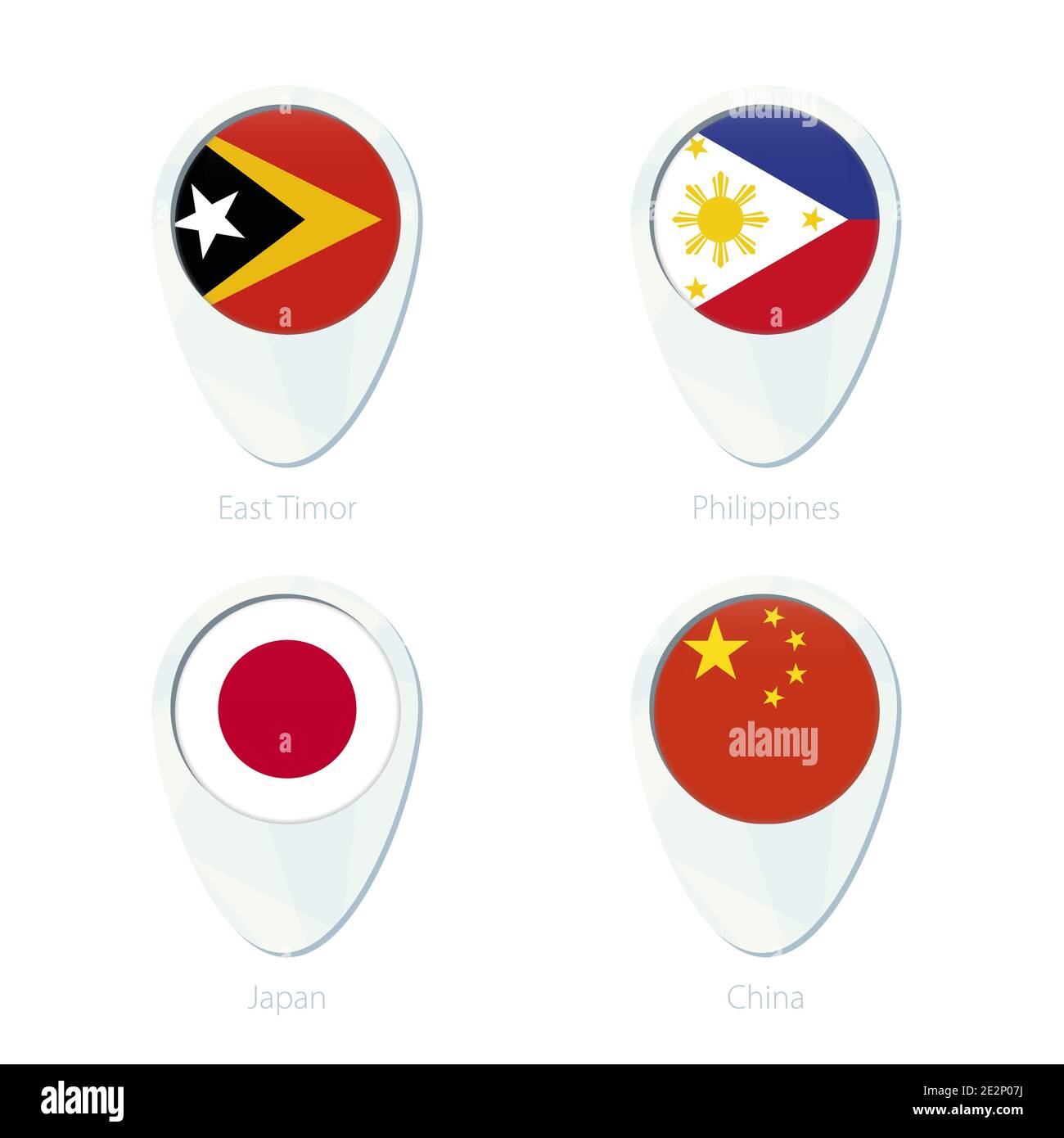 East Timor, Philippines, Japan, China flag location map pin icon. East Timor Flag, Philippines Flag, Japan Flag, China Flag. Vector Illustration. Stock Vector