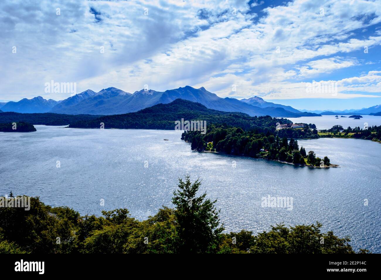 Lake in Bariloche in the summer of March. Sunny. Water, pine trees ...