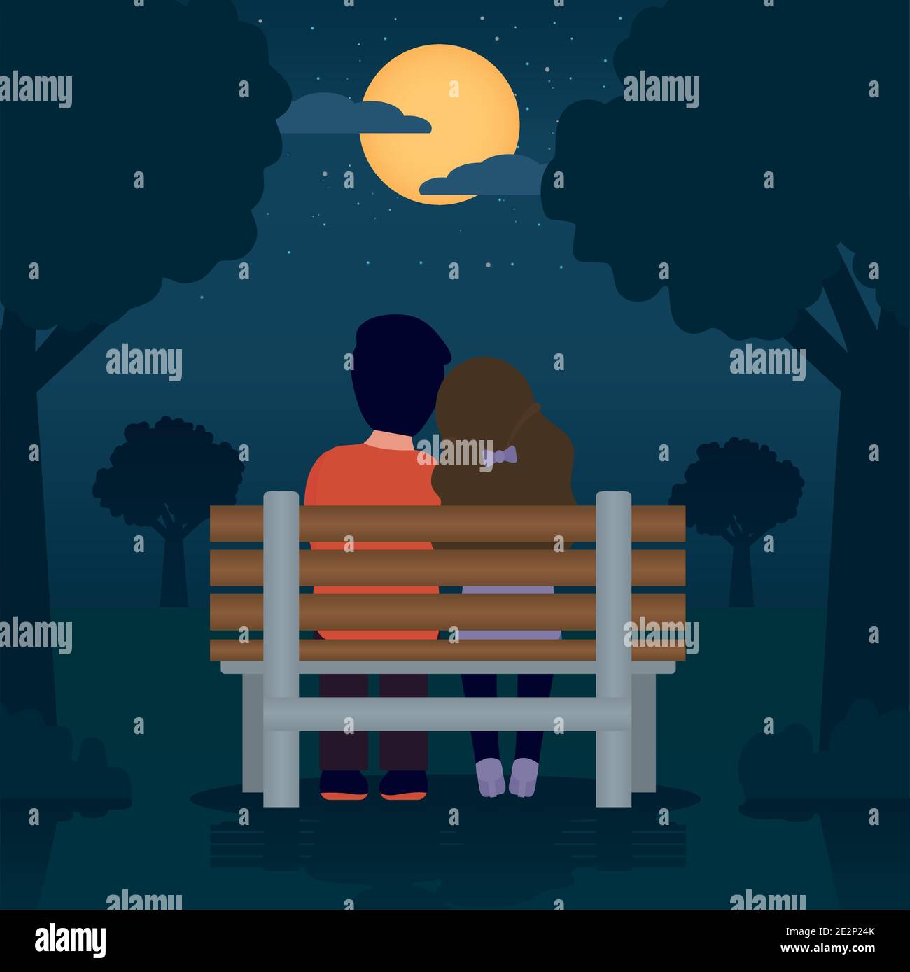 couple in love sitting on a bench over night landscape background ...