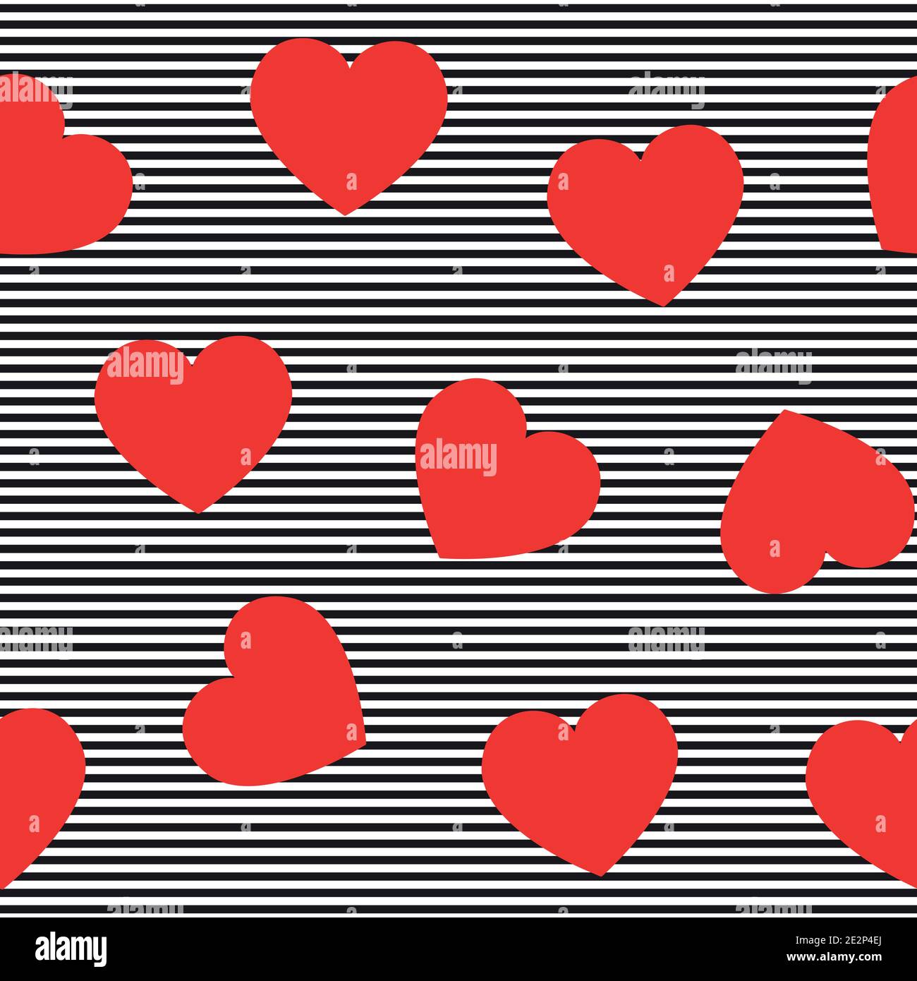 Red hearts seamless pattern on striped background. Stock Vector