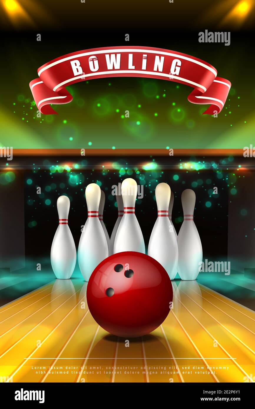 realistic vector banner of bowling game with red ball on the lane and white skittles in neon smoke. Stock Vector