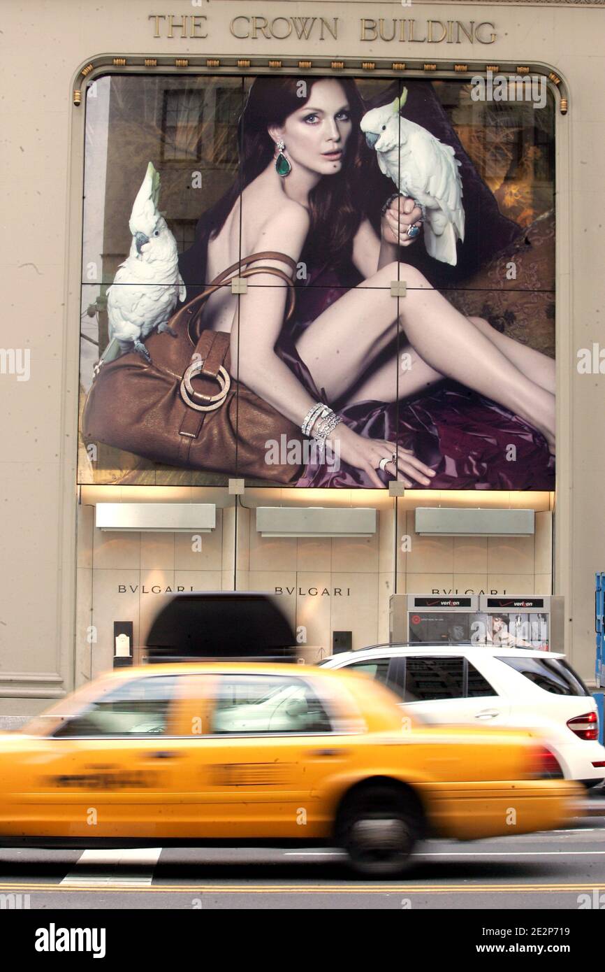 US actress Julianne Moore is seen in an advertising campaign above the  Bulgari store on Fifth Avenue in New York City, NY, USA on March 11, 2010.  Julianne is the new face