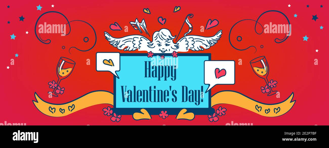 Happy Valentine's Day Facebook page, web site Cover. Angel in Network and Laptop, text for on-line party chat. Vector Illustration, template, Banner, Stock Vector