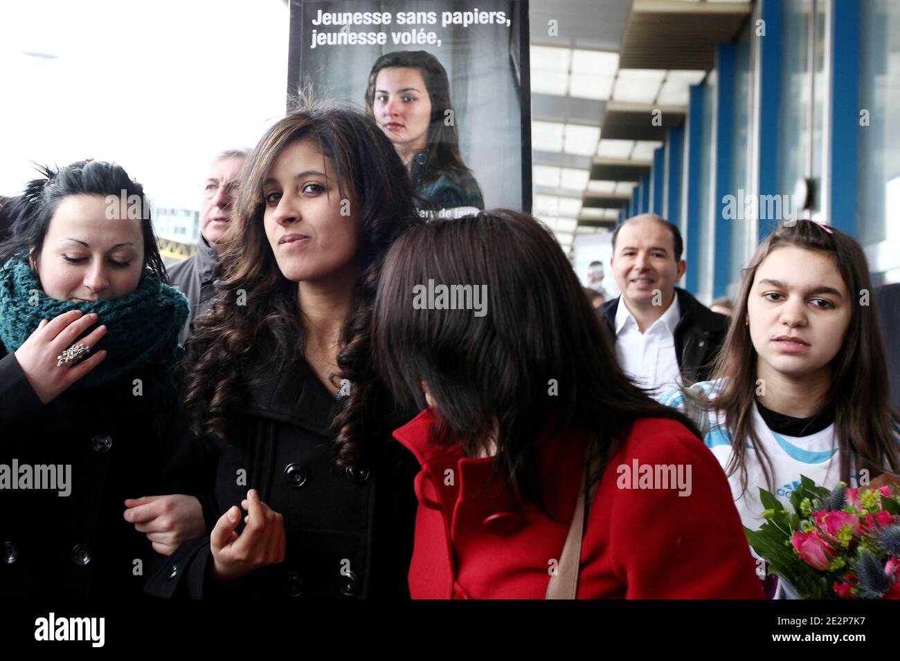 Najlae Lhimer a Moroccan high school student recently expelled from France as an illegal immigrant is welcomed upon her arrival at Orly airport, in Paris, France, from Casablanca, on March 13, 2010. Najlae, who was arrested last February after pressing charges of violence against her brother and expelled to Morocco as illegall immigrant, was authorized this week to return to France by French President Nicolas Sarkozy. Photo by Stephane Lemouton/ABACAPRESS.COM Stock Photo