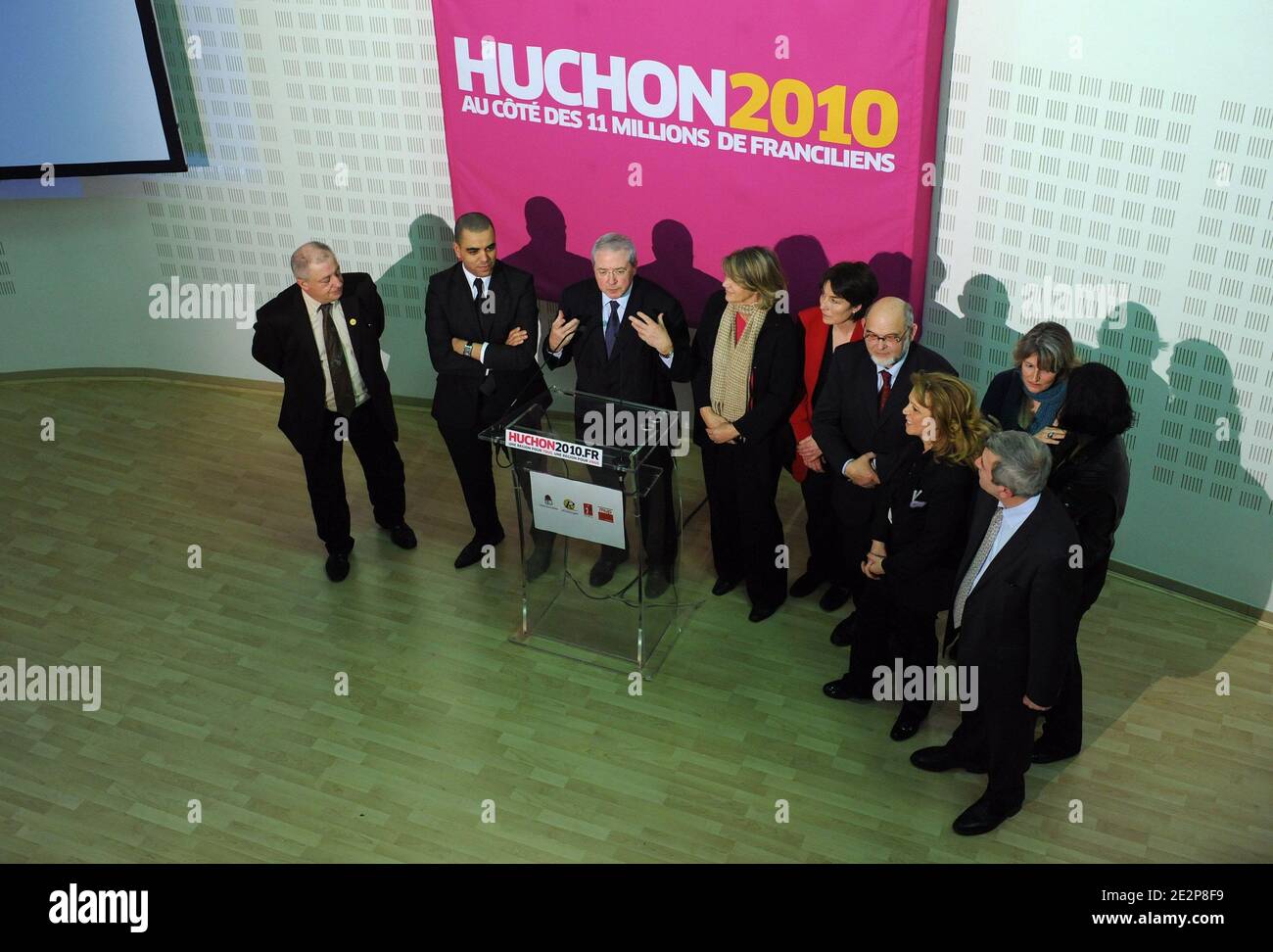 Jean-Paul Huchon, outgoing president of the Regional Council of Ile de France, and candidate to his own succession delivers a speech in presence of his heads of list after the results of the first round of the regional elections in Paris, France on March 14, 2010. Photo by Mousse/ABACAPRESS.COM Stock Photo