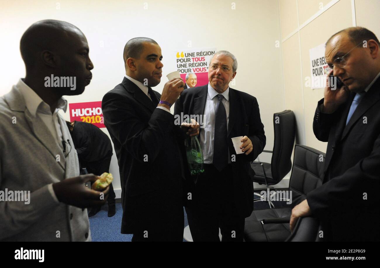 Ali Soumare, Abdelhak Kachouri, Jean-Paul Huchon and Julien Dray are pictured at the Socialist candidate Jean-Paul Huchon headquarters during the first round of the regional elections in Paris, France on March 14, 2010. Photo by Mousse/ABACAPRESS.COM Stock Photo