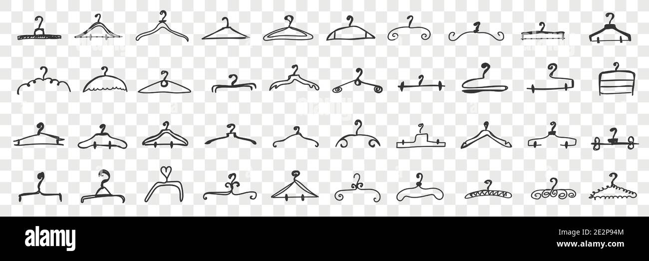 Various clothes hangers doodle set. Collection of hand drawn elegant hangers for clothing of different shapes and styles isolated on transparent background. Illustration of fashion accessories Stock Vector