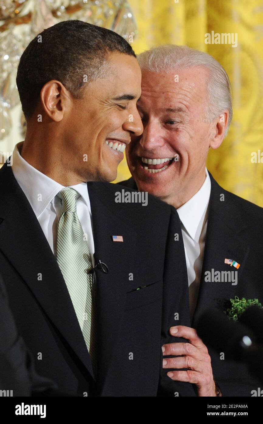US President Barack Obama (L) and US Vice President Joe Biden (R) share a light moment during the annual St. Patrick's Day Reception in the East Room of the White House, in Washington DC, USA, on March 17, 2010. President Obama and the Prime Minister (Taoiseach) of Ireland Brian Cowen delivered remarks and participated in a traditional Shamrock ceremony. Photo by Michael Reynolds/Pool/ABACAPRESS.COM Stock Photo