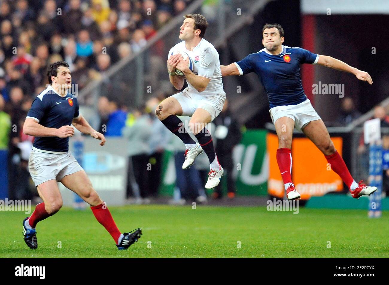 France's Yannick Jauzion, David Marty and England's Mark Cueto during the RBS Six Nations rugby union tournament, France vs England at the Stade de France in Saint-Denis, near Paris, France on March 20, 2010. France defeated England in their last match of the tournament. France won 12-10. Photo by Stephane Reix/ABACAPRESS.COM Stock Photo
