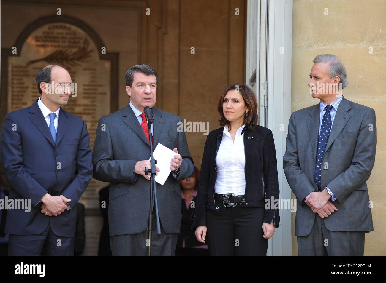 French Newly appointed French Labor Minister Eric Woerth, the outgoing Labour minister Xavier Darcos, Junior minister for Elderly Nora Berra (2ndR) and newly appointed Junior minister for Public Administration Georges Tron (R) are pictured during a handover ceremony at the ministry in Paris, France on March 23, 2010. Photo by Thierry Orban/ABACAPRESS.COM Stock Photo