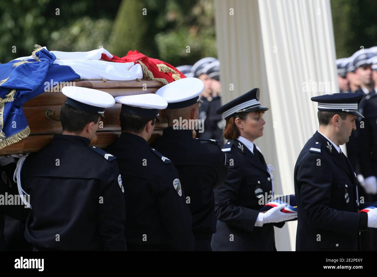 The coffin carried by policemen during the funeral ceremony of Serge Nerin in Melun, south of Paris, France on March 23, 2010, a French police officer who was killed last week by suspected members of the Basque separatist movement ETA. Photo by Pierre Villard/Pool/ABACAPRESS.COM Stock Photo