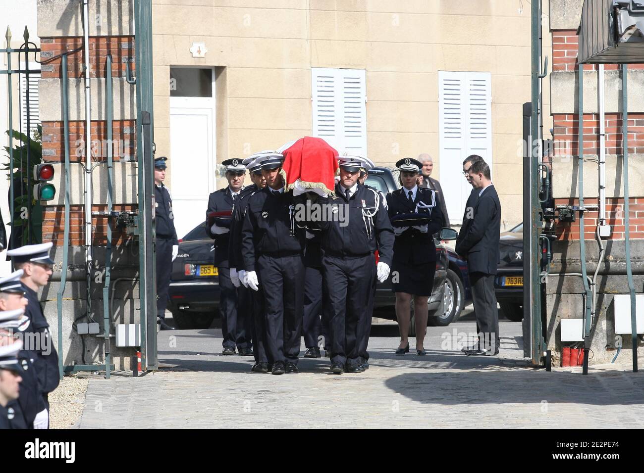 The coffin carried by policemen during the funeral ceremony of Serge Nerin in Melun, south of Paris, France on March 23, 2010, a French police officer who was killed last week by suspected members of the Basque separatist movement ETA. Photo by Pierre Villard/Pool/ABACAPRESS.COM Stock Photo