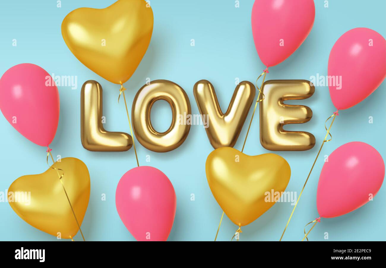 Valentines day background with realistic balloons pink and gold in ...