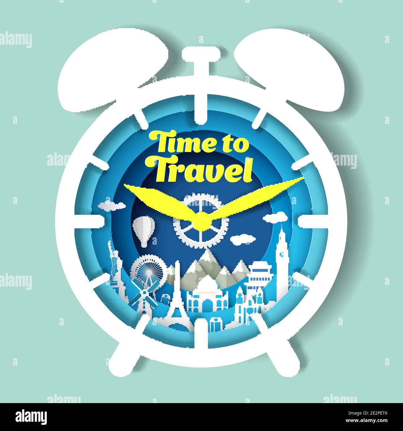 Time to travel vector poster banner template. Paper cut craft style