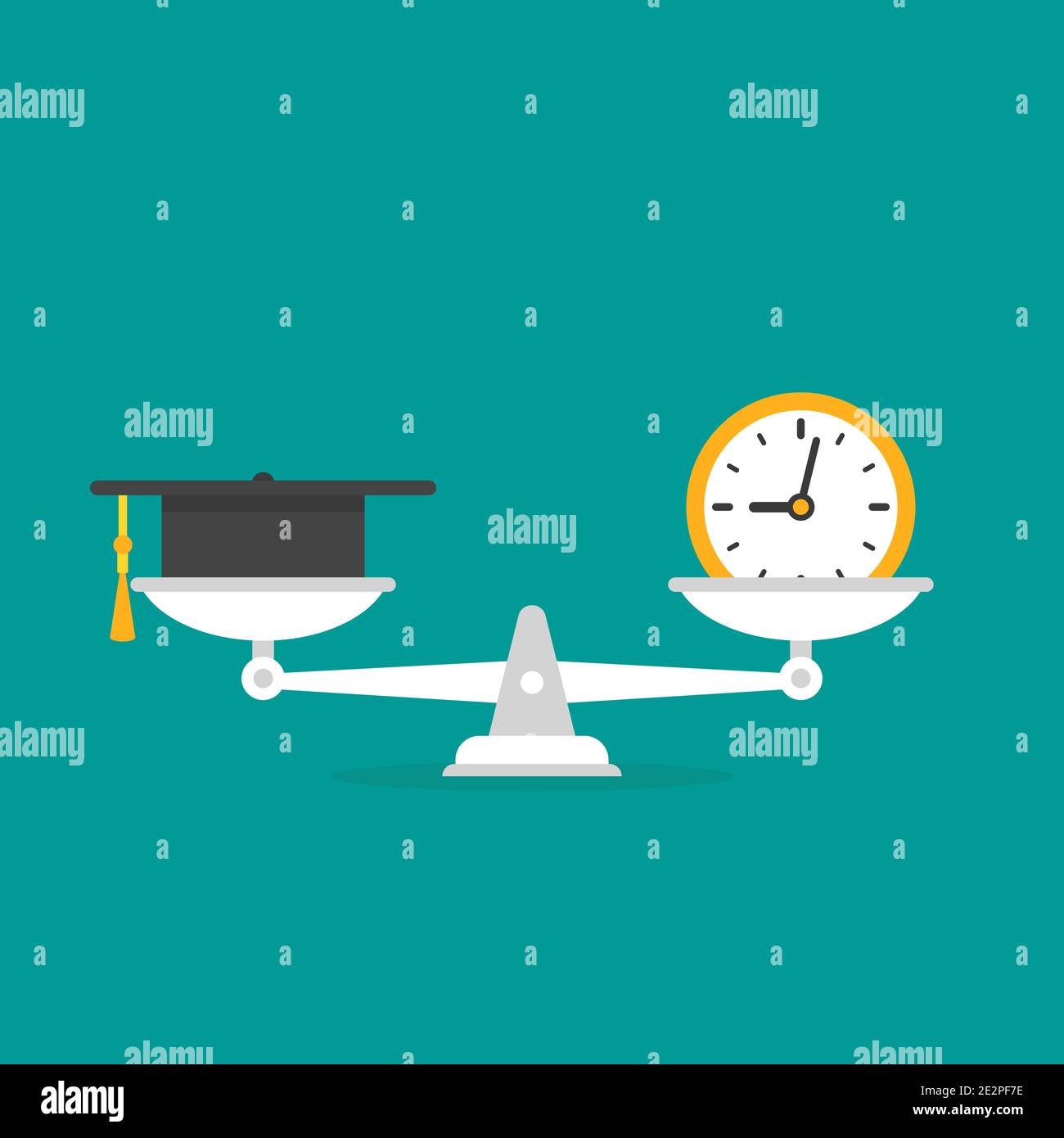 White mechanical scales with clock and mortar board in pans. Education