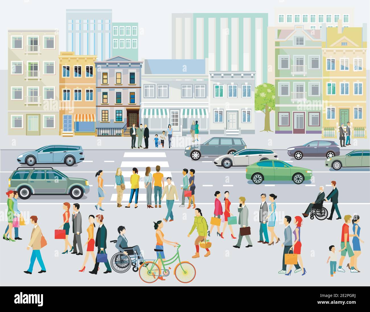 Street with pedestrians and crosswalks illustration Stock Vector