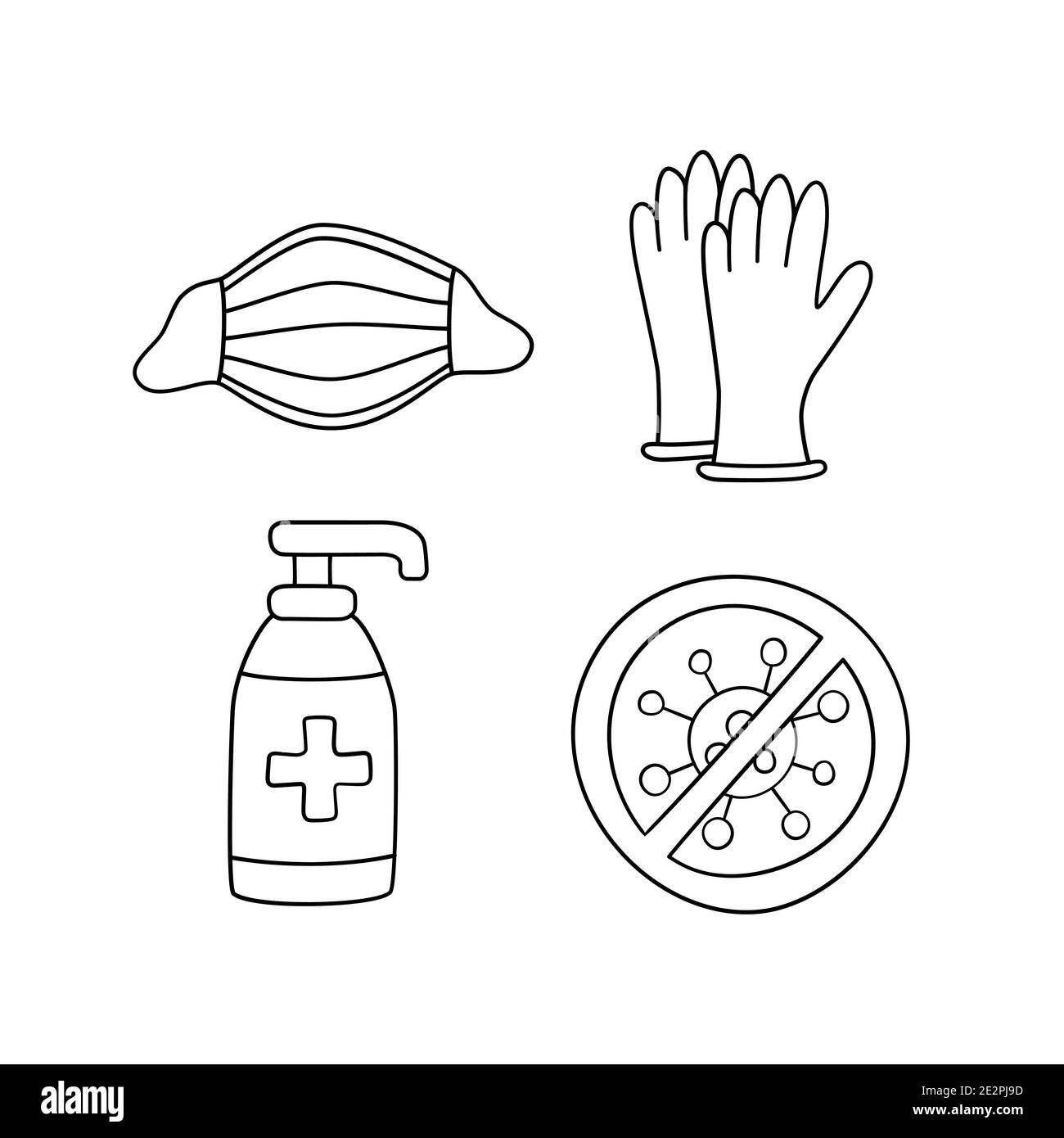 Medical face mask, latex gloves and sanitizer bottle against coronavirus Stock Vector