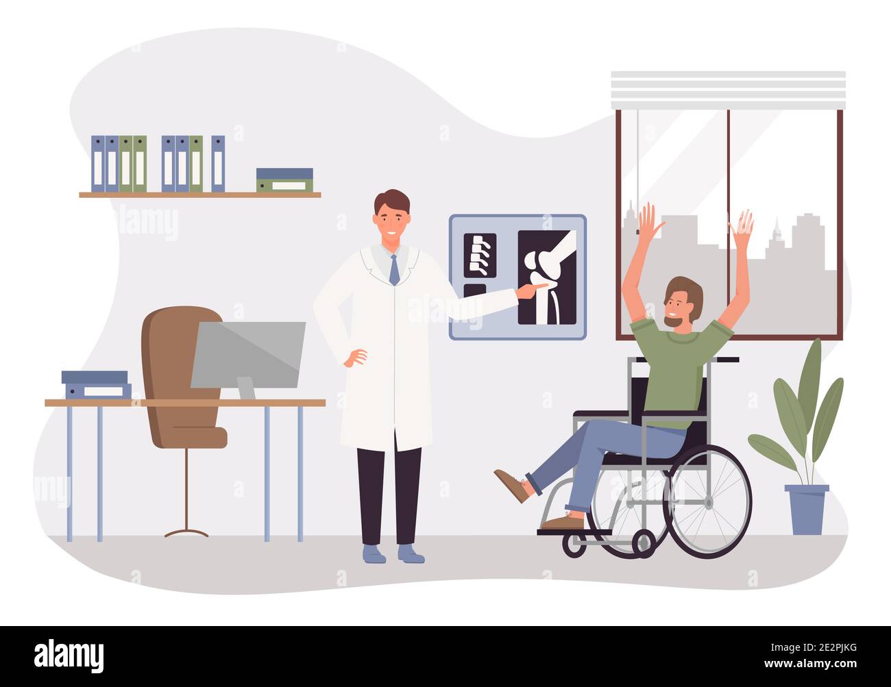 Doctor examining disabled man in hospital vector illustration. Cartoon happy patient with disability sitting in wheelchair, glad to hear good health news about trauma, appointment with traumatologist Stock Vector