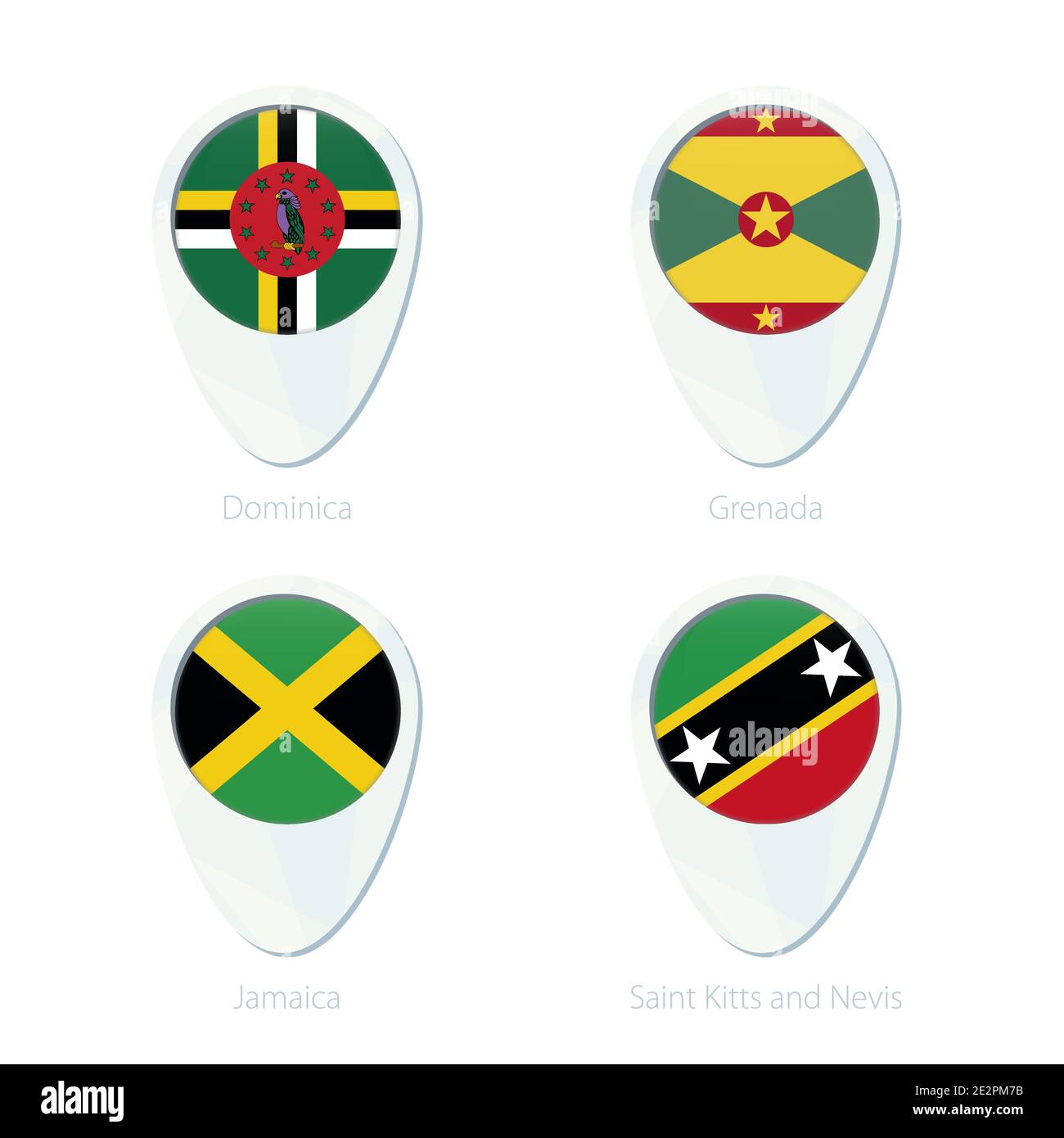 Dominica, Grenada, Jamaica, Saint Kitis and Nevis flag location map pin icon. Dominica Flag, Grenada Flag, Jamaica Flag, Saint Kitis and Nevis Flag. V Stock Vector