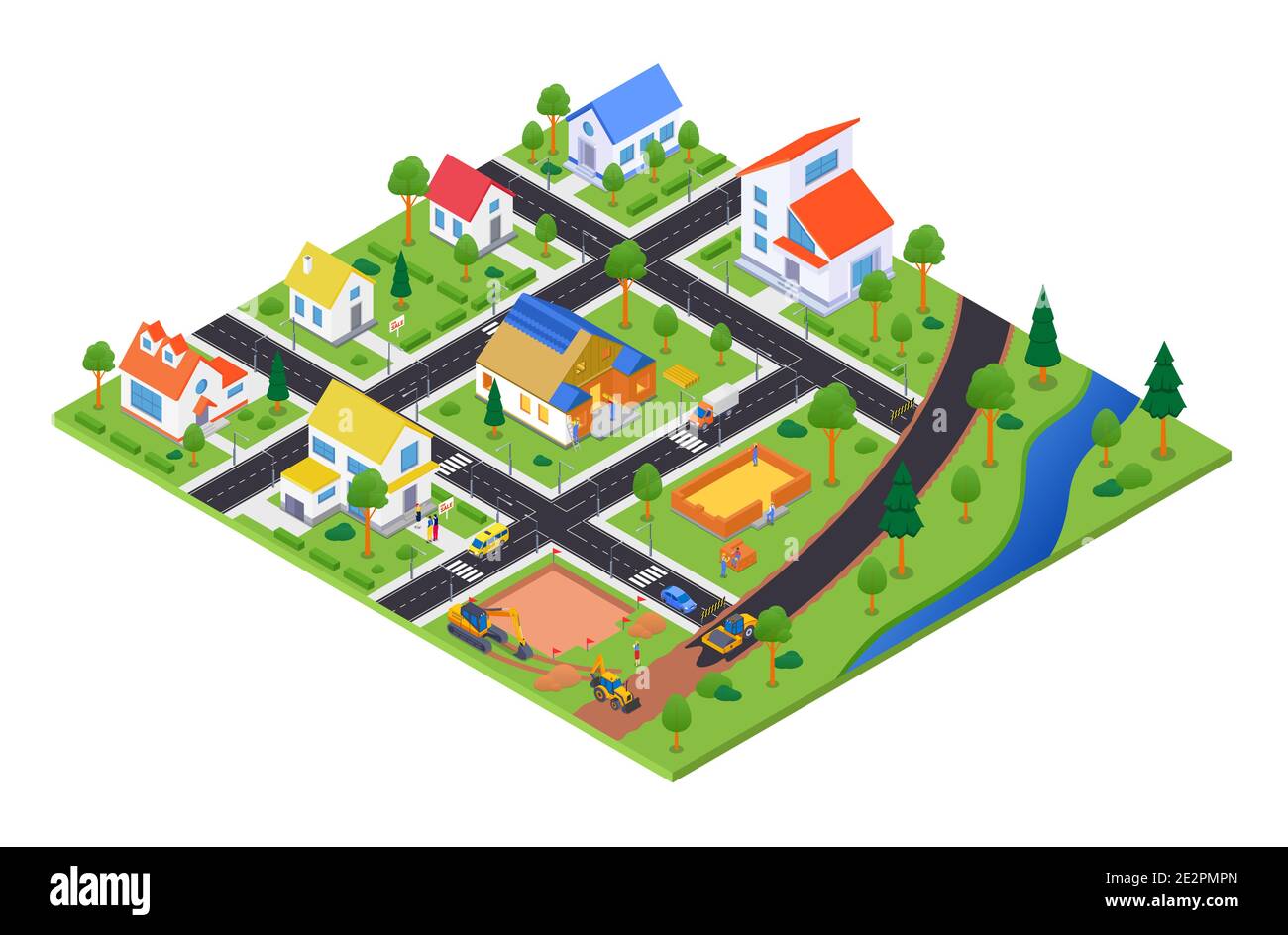 Housing complex under construction - vector colorful isometric illustration. Urban landscape with apartment houses, cottages for sale, road with cars. Stock Vector