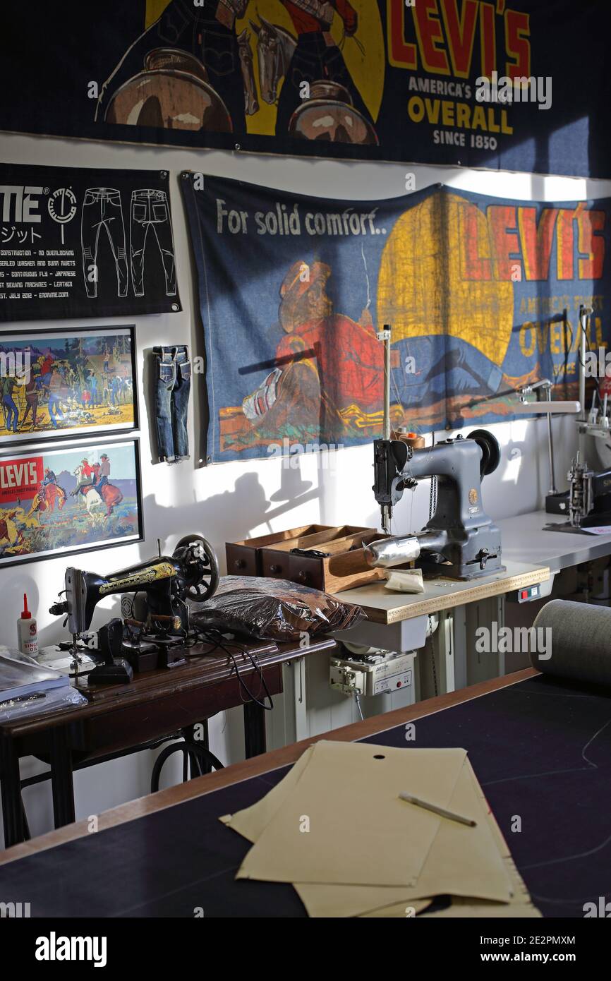 denim with vintage sewing machines Stock Photo Alamy