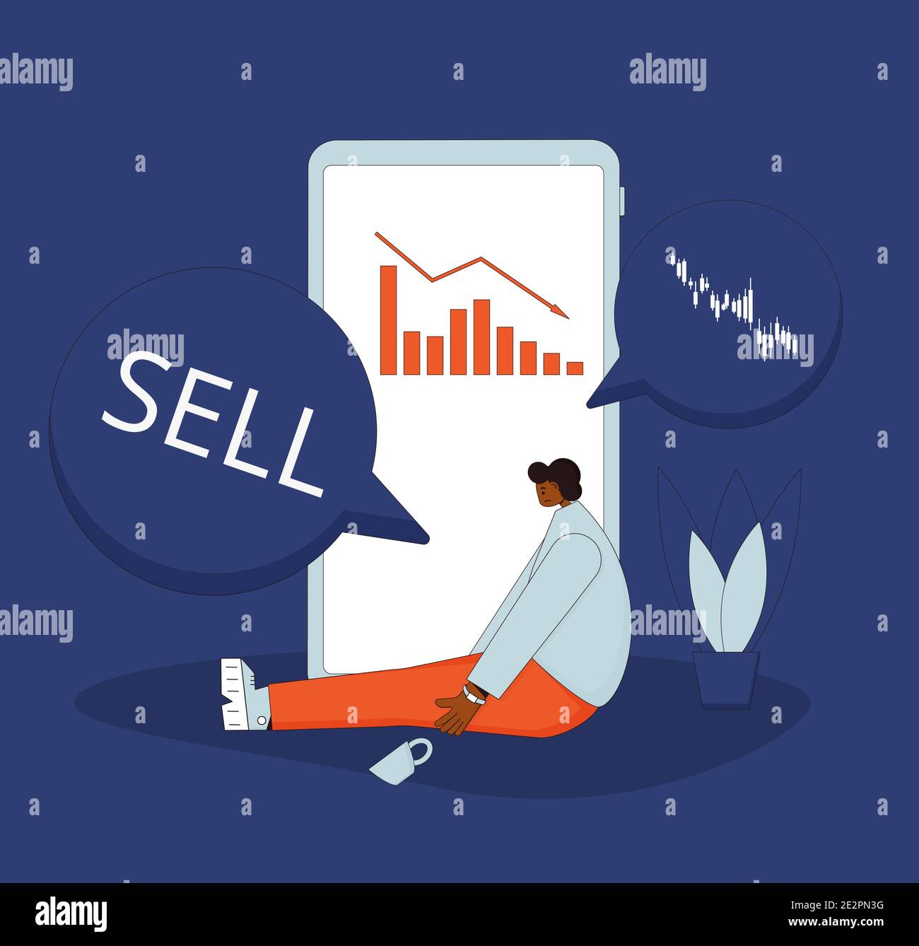 Stock market crash. Investor lost money. Upsetyoung shareholder sitting on the floor with graph fall down at phone screen. Bankrupt. global economic a Stock Vector