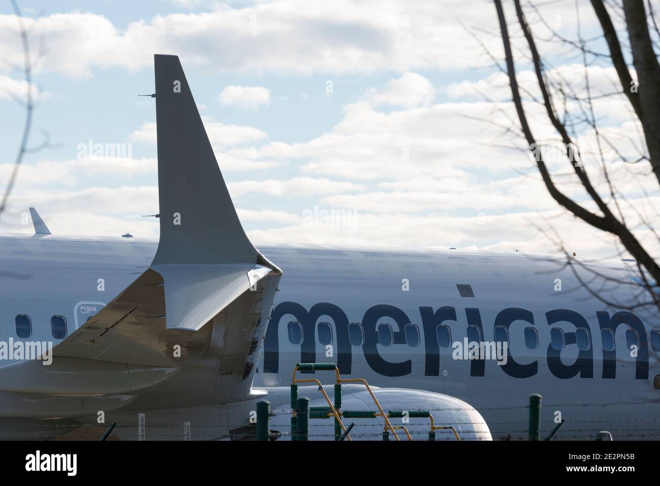 An American Airlines 737 MAX airplane is parked at the Boeing Renton Factory in Renton, Washington on Thursday, January 14, 2021. Stock Photo