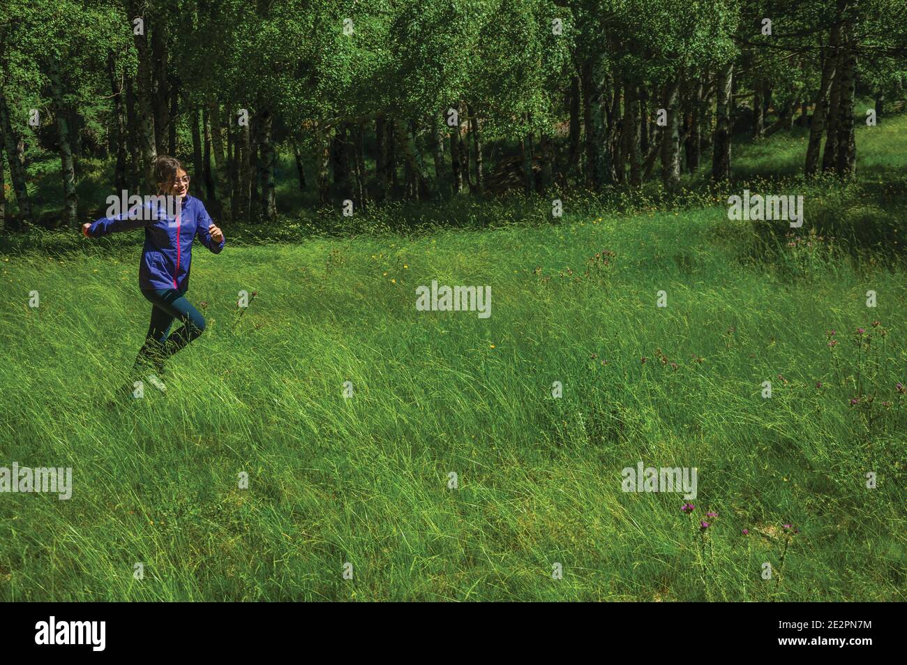 Little girl running on green lawn from a glade at forest, at the highlands of Serra da Estrela. The highest mountain range in continental Portugal. Stock Photo