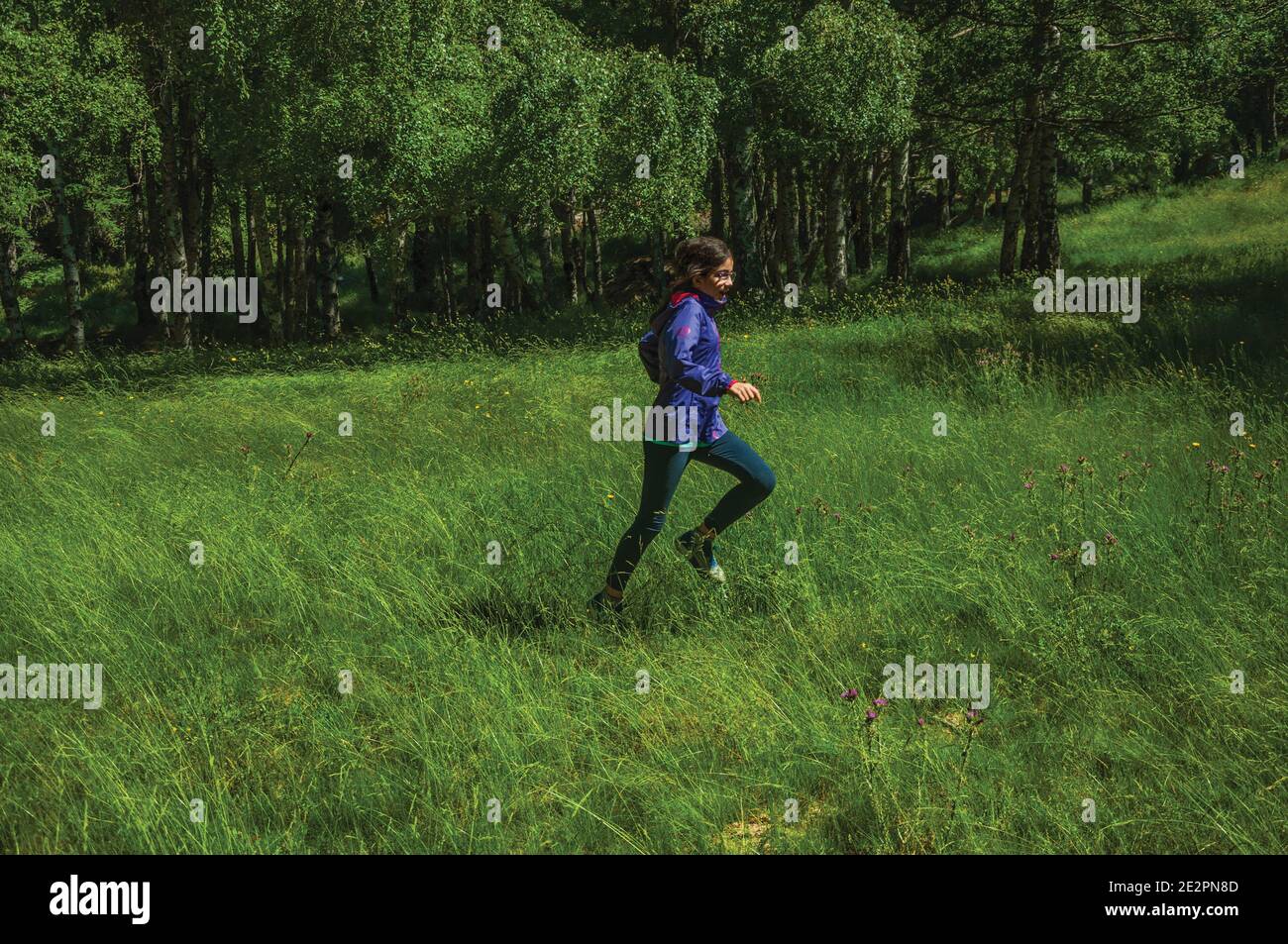 Little girl running on green lawn from a glade at forest, at the highlands of Serra da Estrela. The highest mountain range in continental Portugal. Stock Photo