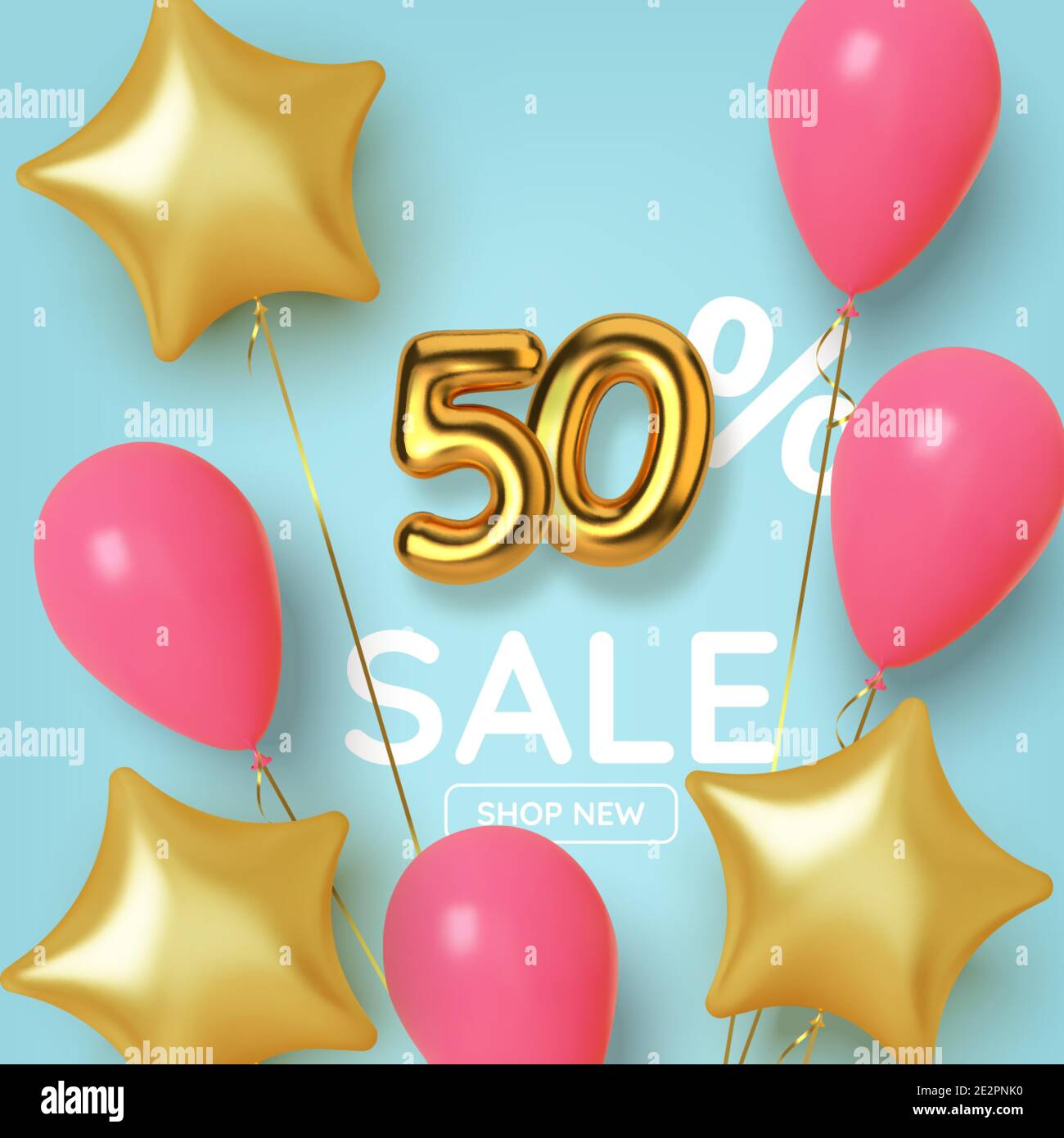 50 off discount promotion sale made of realistic 3d gold number with balloons and stars. Number in the form of golden balloons. Vector Stock Vector