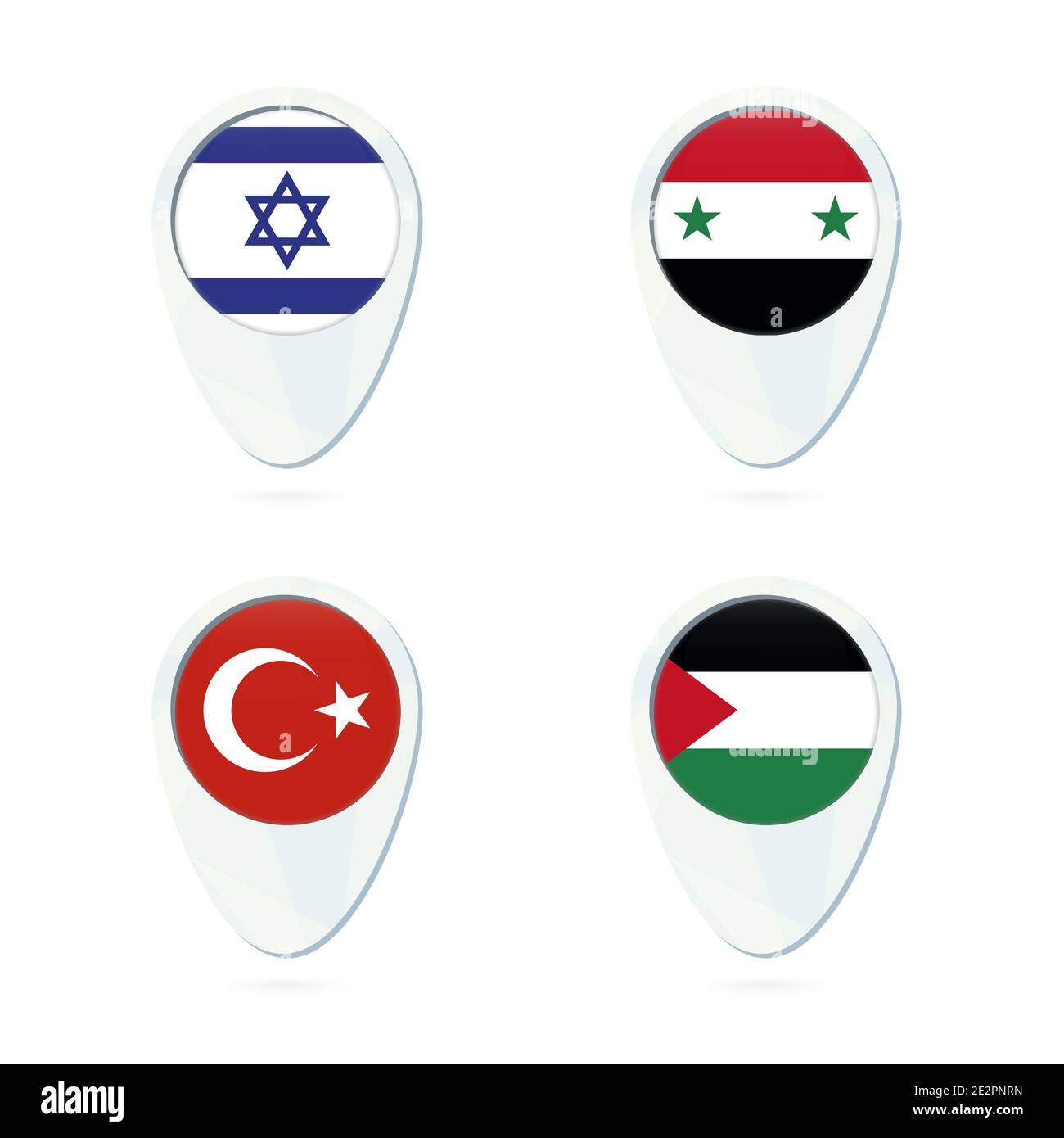 Israel, Syria, Turkey, Palestine flag location map pin icon. Israel Flag, Syria Flag, Turkey Flag, Palestine Flag. Vector Illustration. Stock Vector