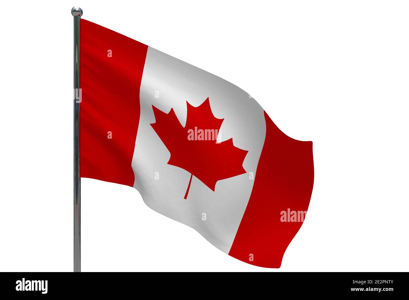 Canada flag on pole. Metal flagpole. National flag of Canada 3D illustration isolated on white Stock Photo