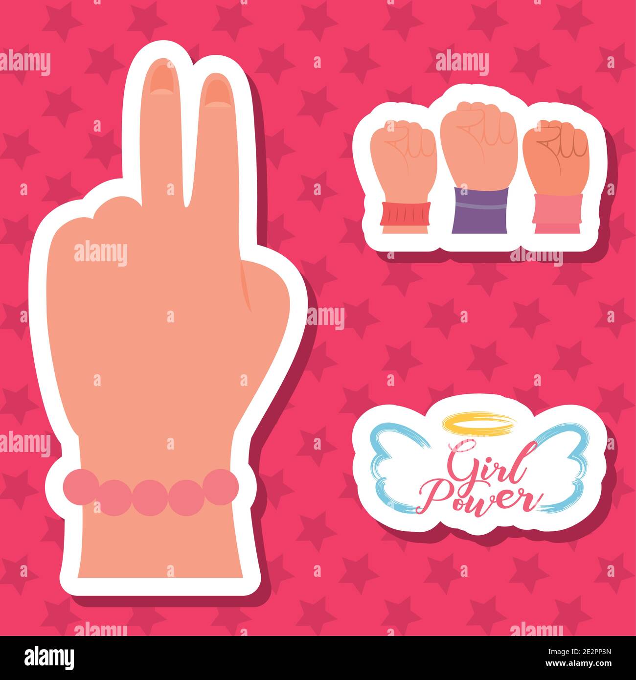 girl power hands icon set over red background, flat style, vector illustration Stock Vector