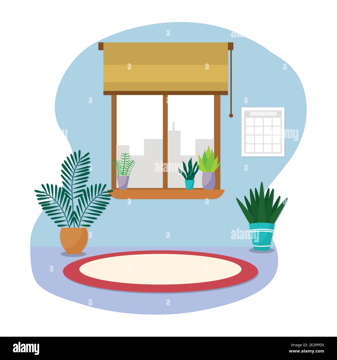 house room with decorative plants around over white background, colorful design, vector illustration Stock Vector